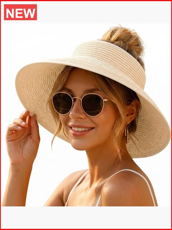 Wide Brim Straw Sun Hat with Open Top for Ponytail - Foldable Travel Beach Hat